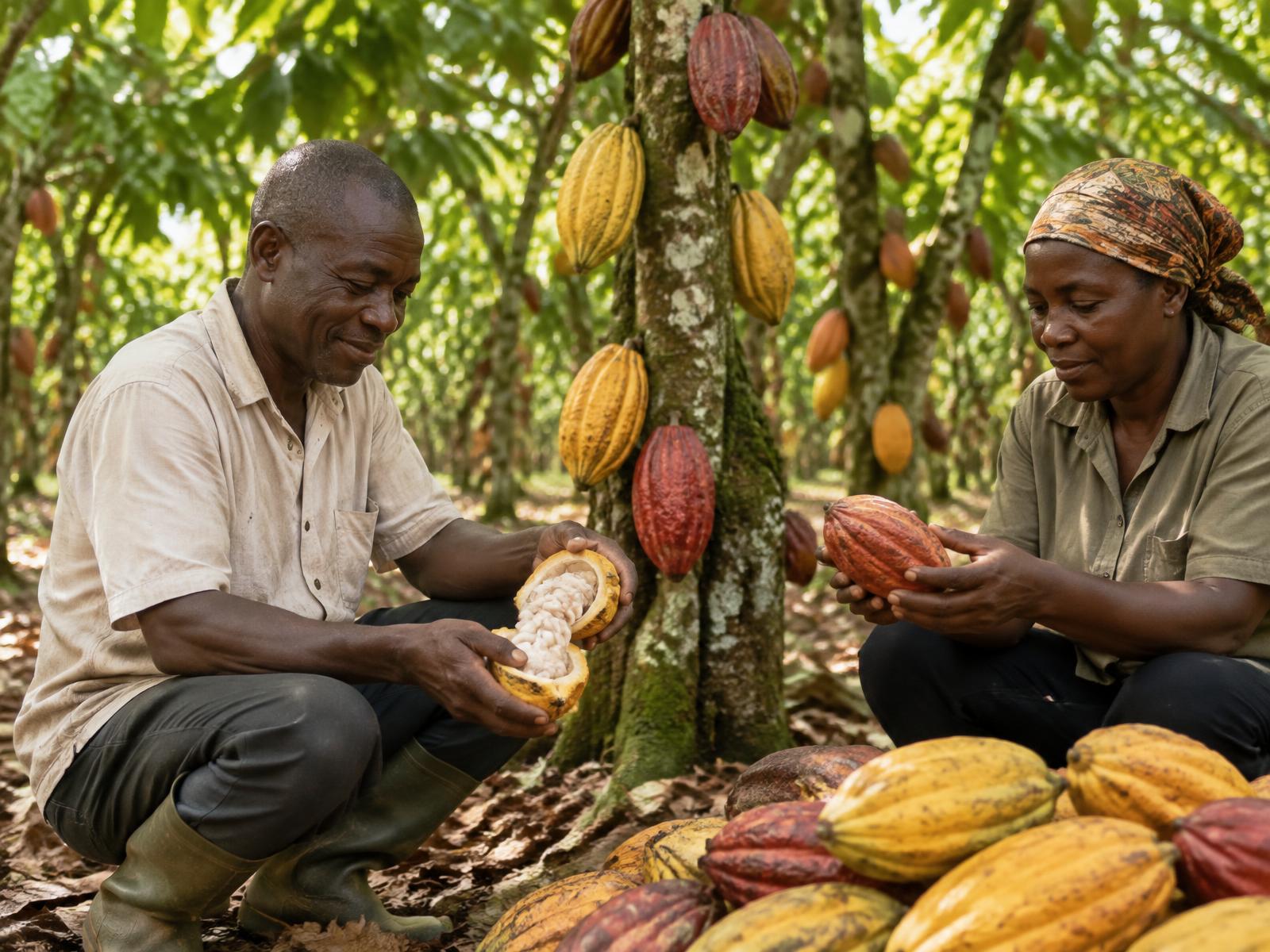 Ivorian cocoa farmers inspecting ripe pods